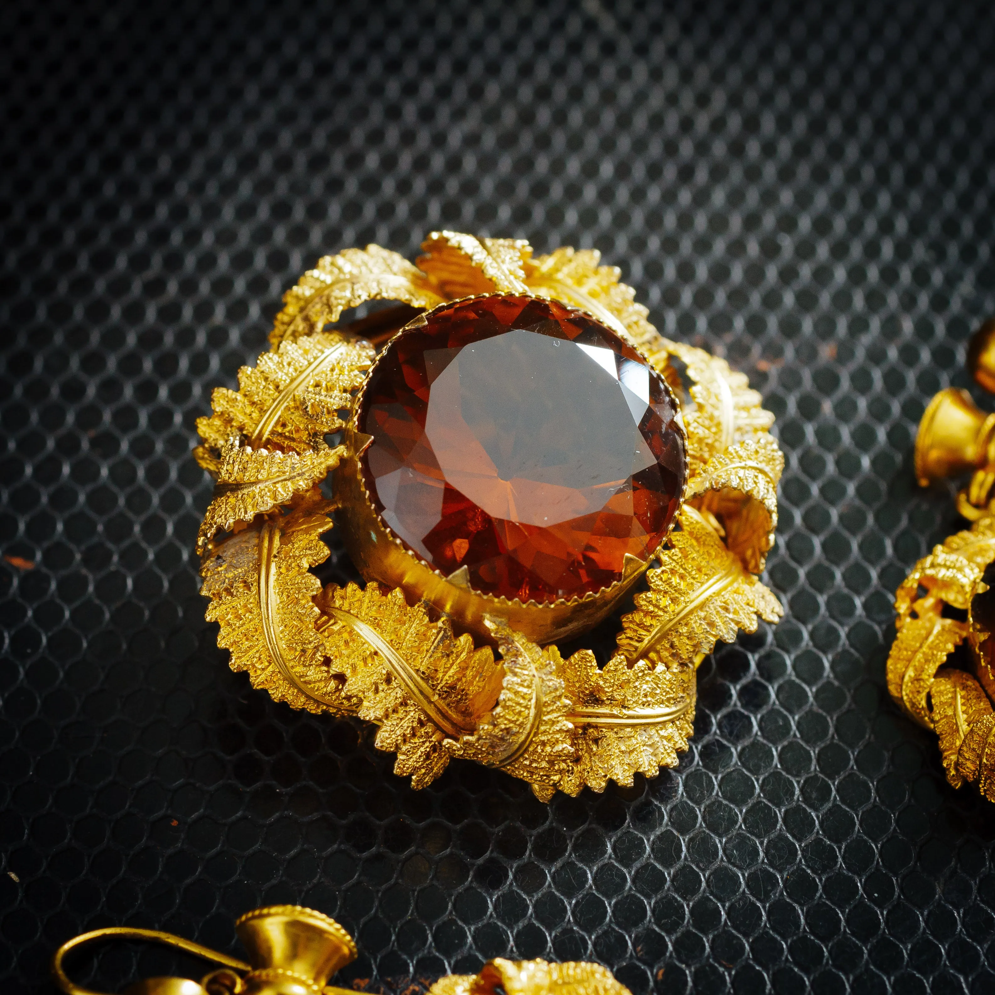 Pristine Victorian Gold Work Citrine Earrings & Brooch