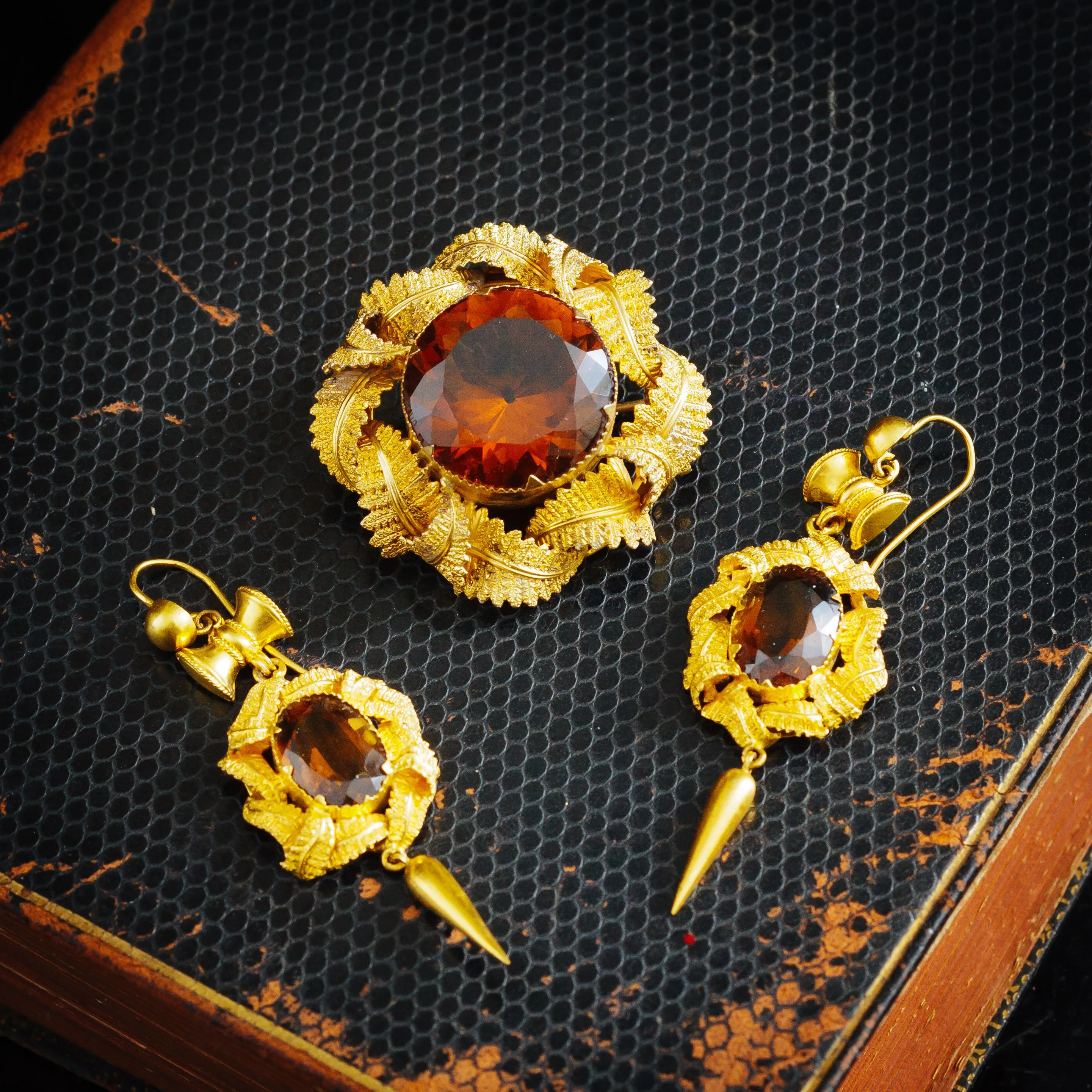 Pristine Victorian Gold Work Citrine Earrings & Brooch