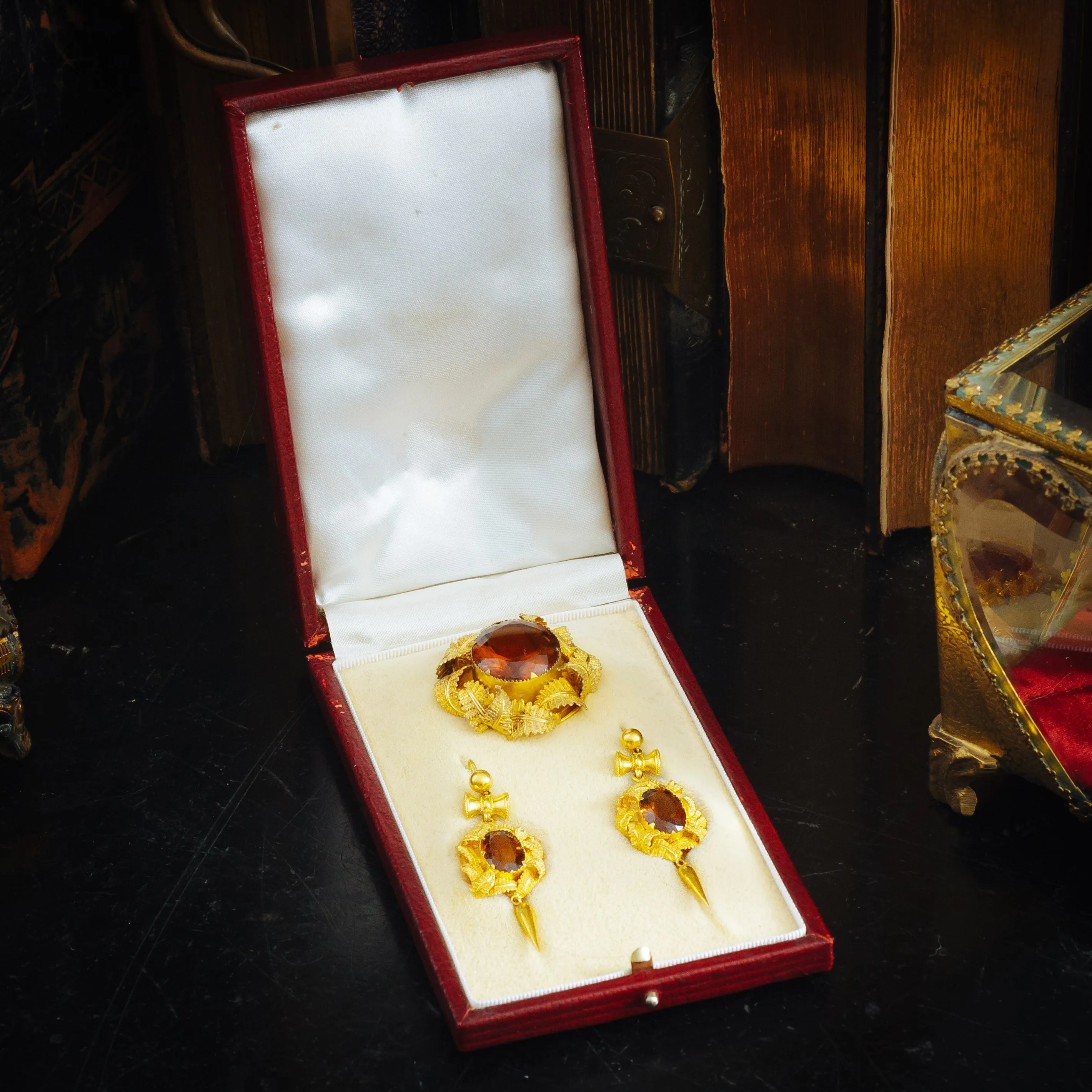 Pristine Victorian Gold Work Citrine Earrings & Brooch