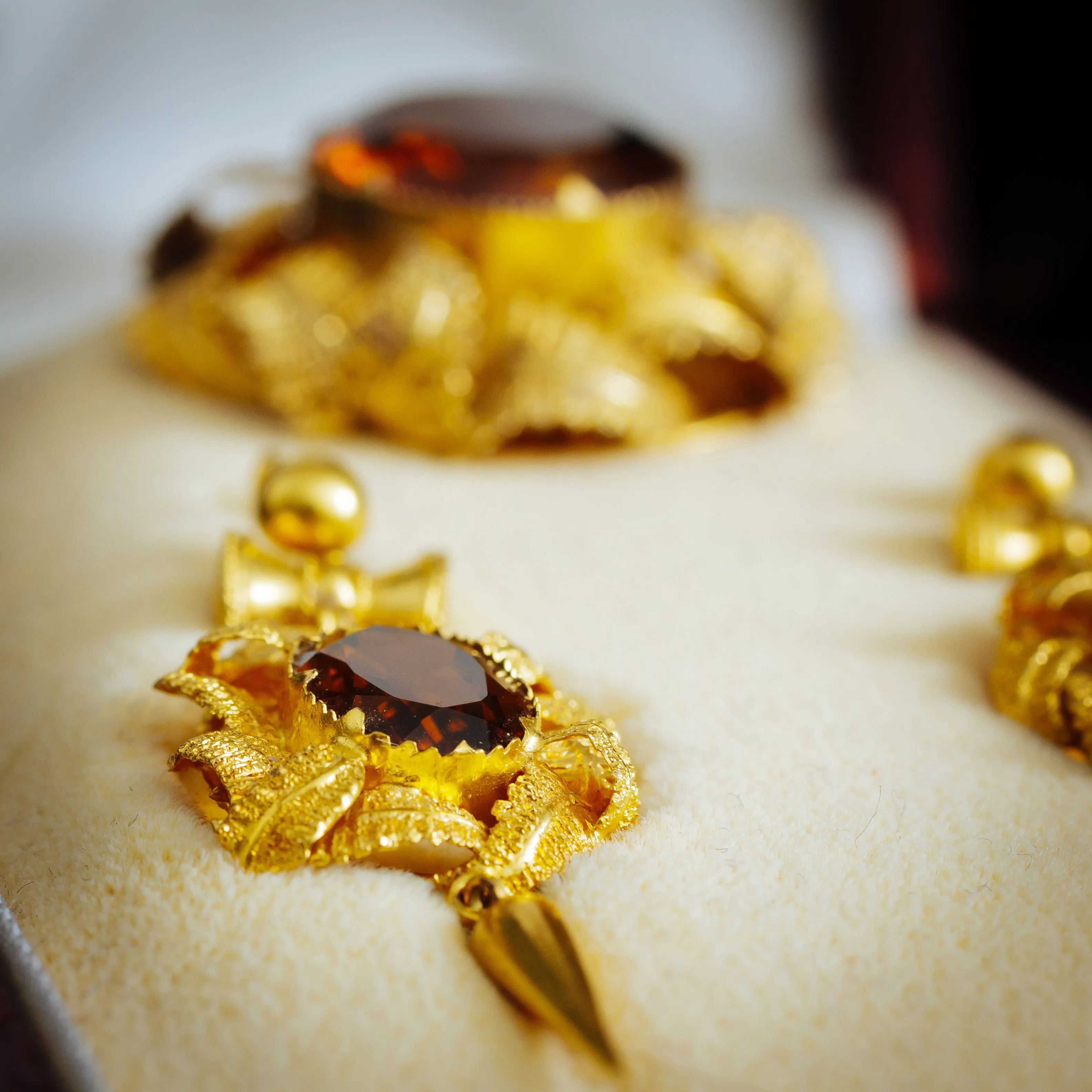 Pristine Victorian Gold Work Citrine Earrings & Brooch