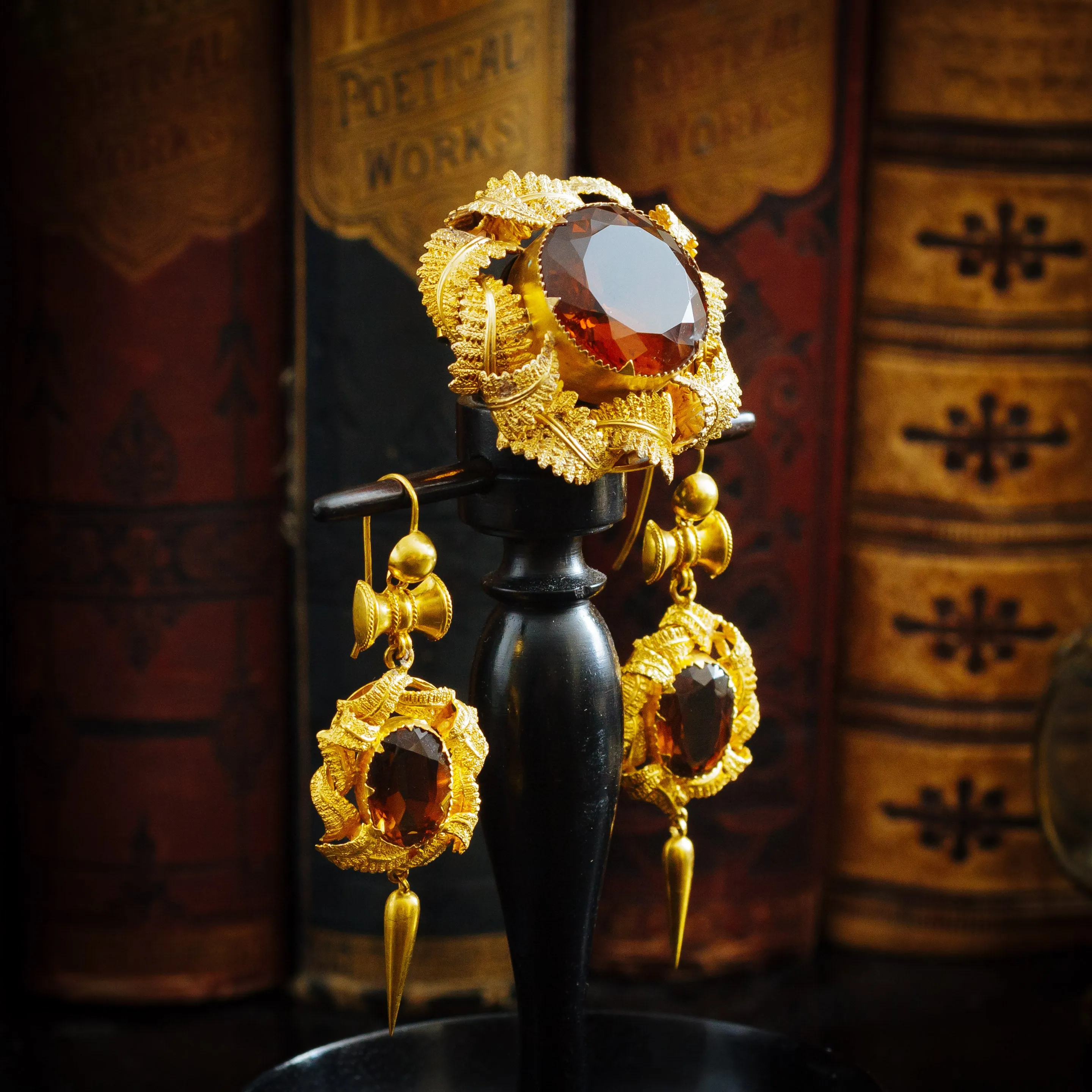 Pristine Victorian Gold Work Citrine Earrings & Brooch