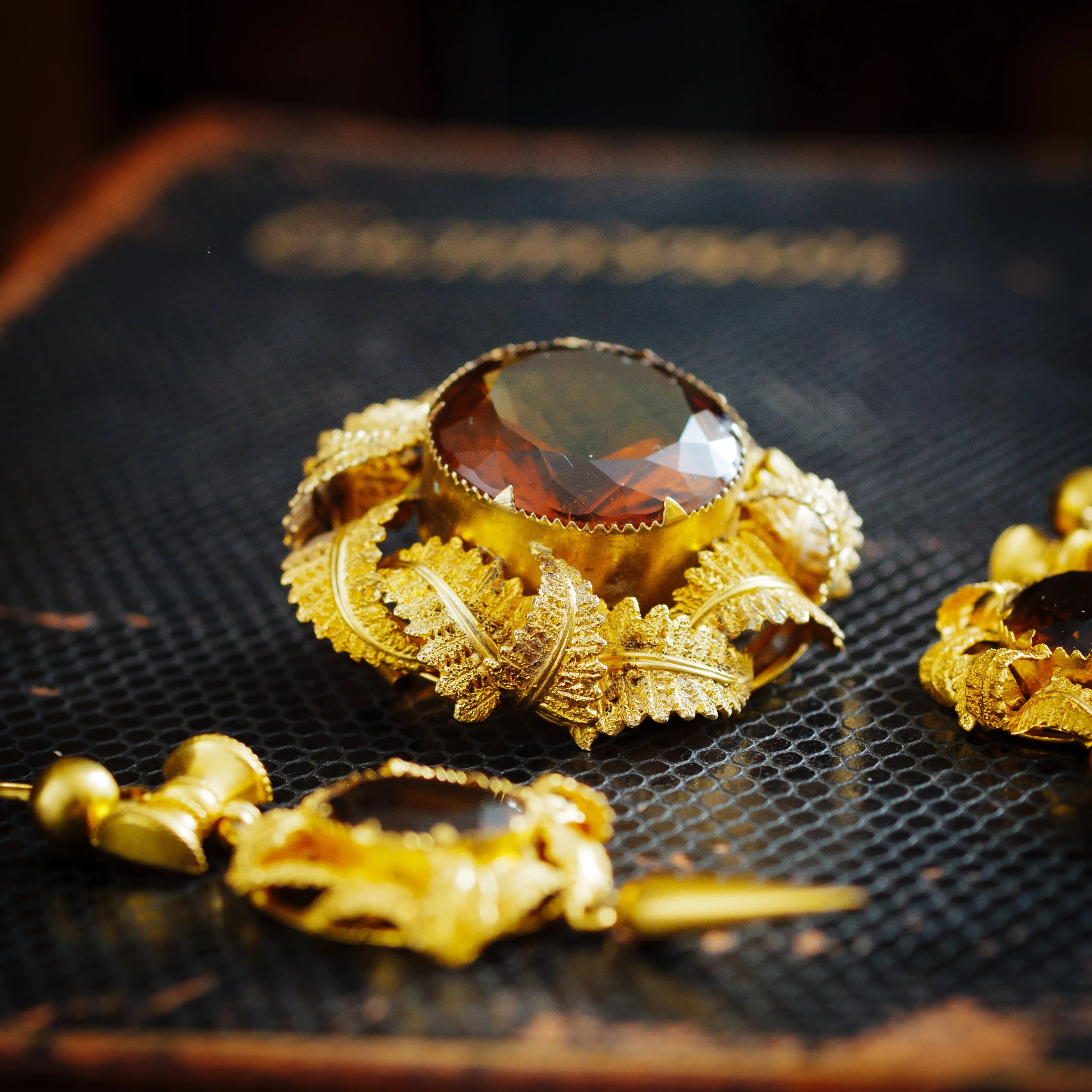 Pristine Victorian Gold Work Citrine Earrings & Brooch