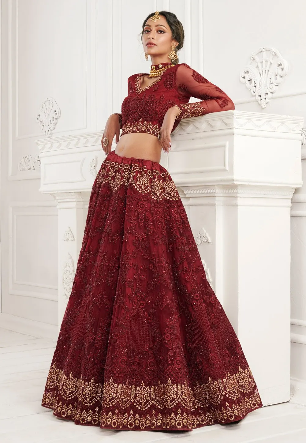 Red Net Embroidered Wedding Lehenga Choli