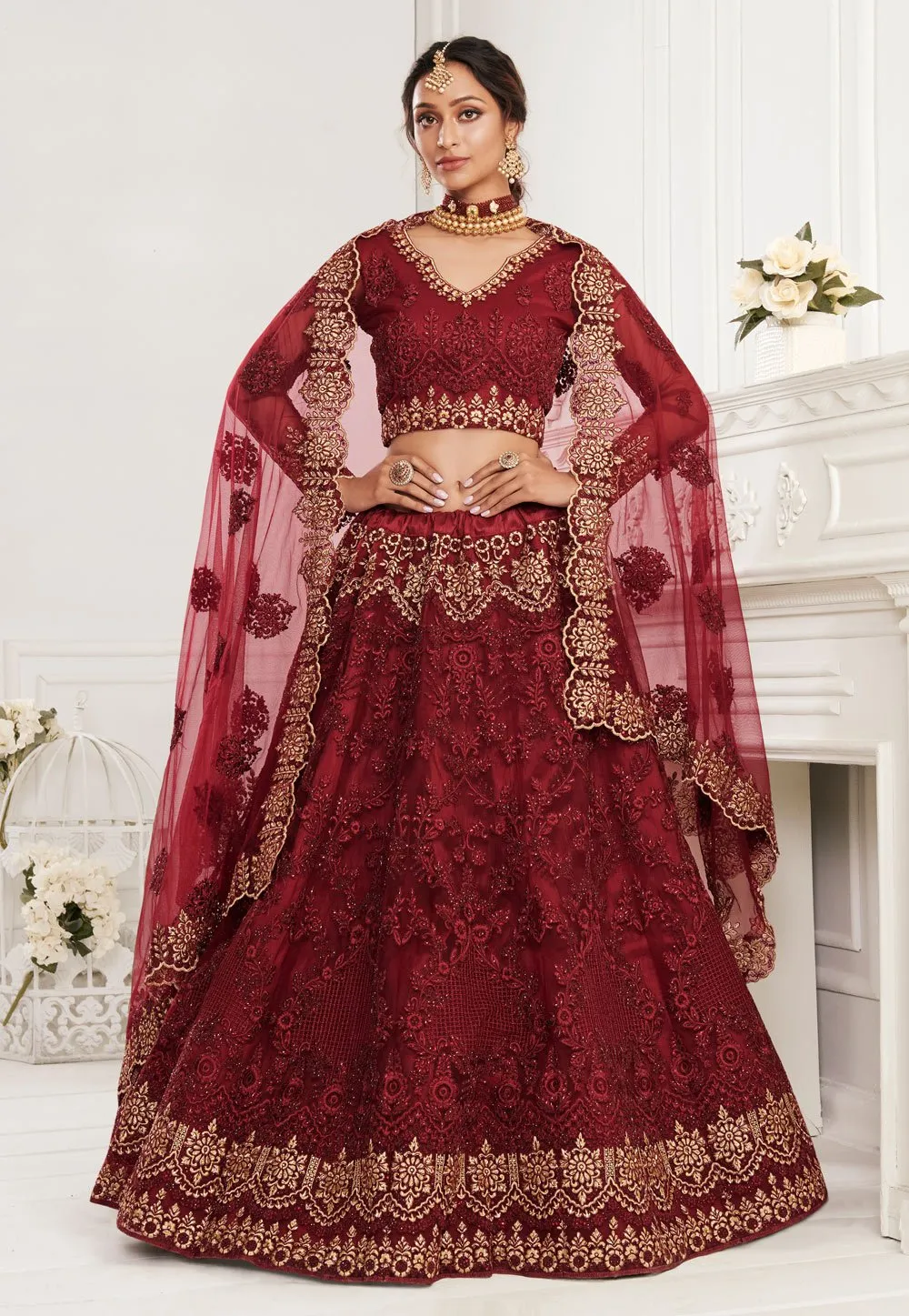 Red Net Embroidered Wedding Lehenga Choli