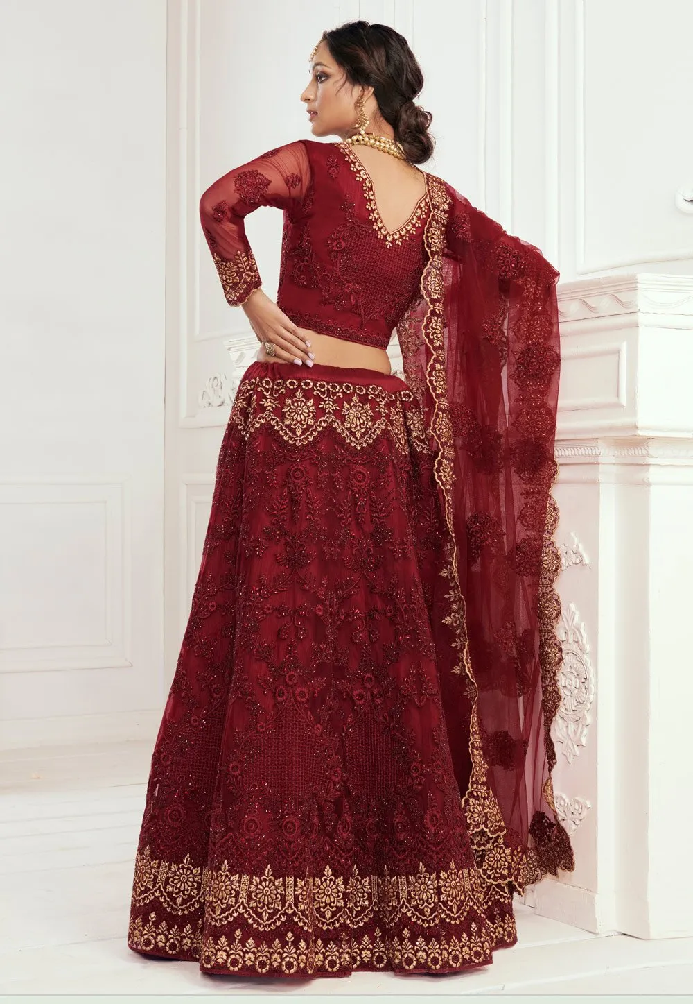 Red Net Embroidered Wedding Lehenga Choli