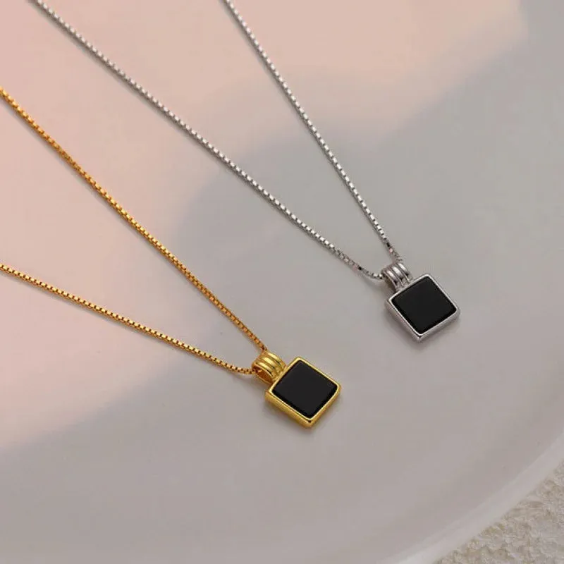 Retro Square Black Zircon Pendant Necklace Chain For Women Titanium Steel Simplicity choker Necklace Silver Plated Girls Jewelry