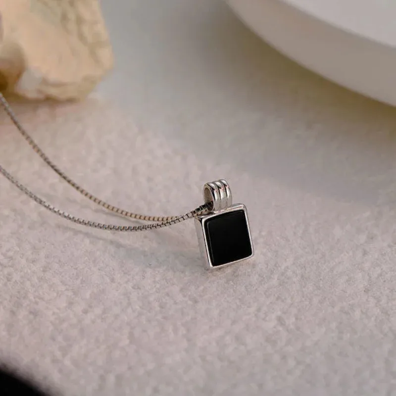 Retro Square Black Zircon Pendant Necklace Chain For Women Titanium Steel Simplicity choker Necklace Silver Plated Girls Jewelry