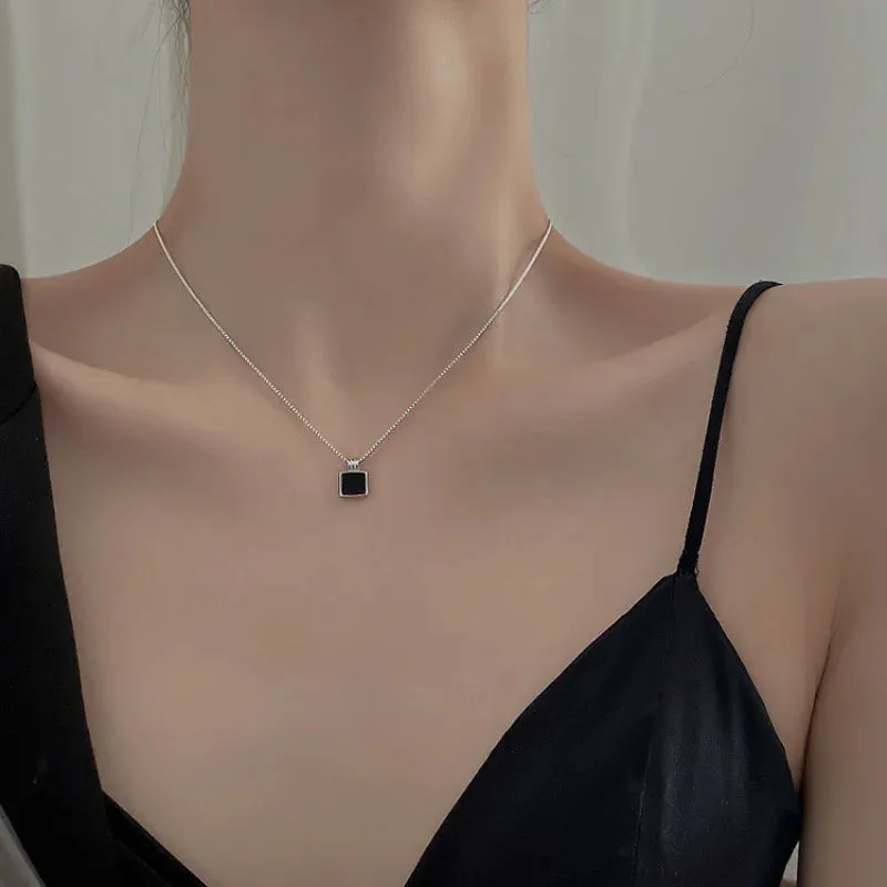 Retro Square Black Zircon Pendant Necklace Chain For Women Titanium Steel Simplicity choker Necklace Silver Plated Girls Jewelry