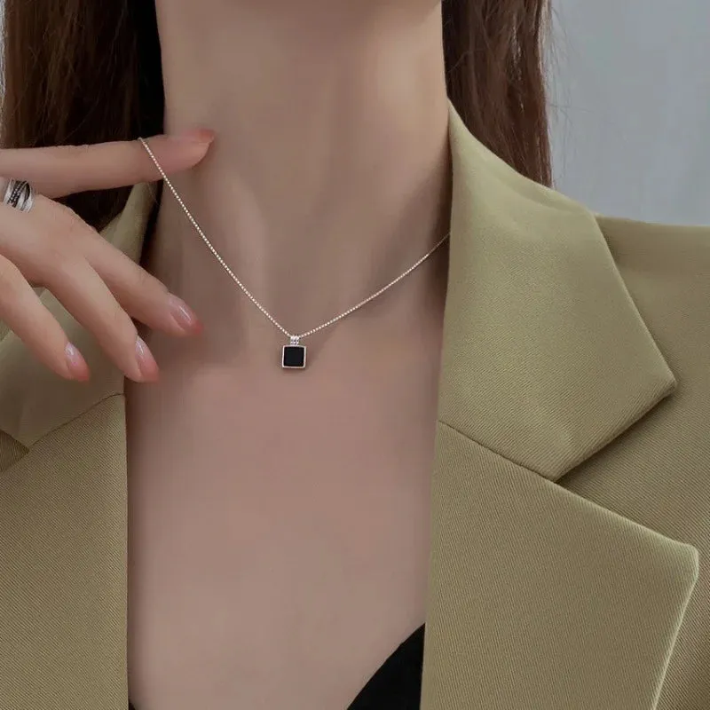 Retro Square Black Zircon Pendant Necklace Chain For Women Titanium Steel Simplicity choker Necklace Silver Plated Girls Jewelry