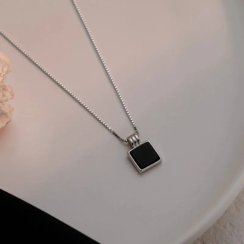 Retro Square Black Zircon Pendant Necklace Chain For Women Titanium Steel Simplicity choker Necklace Silver Plated Girls Jewelry