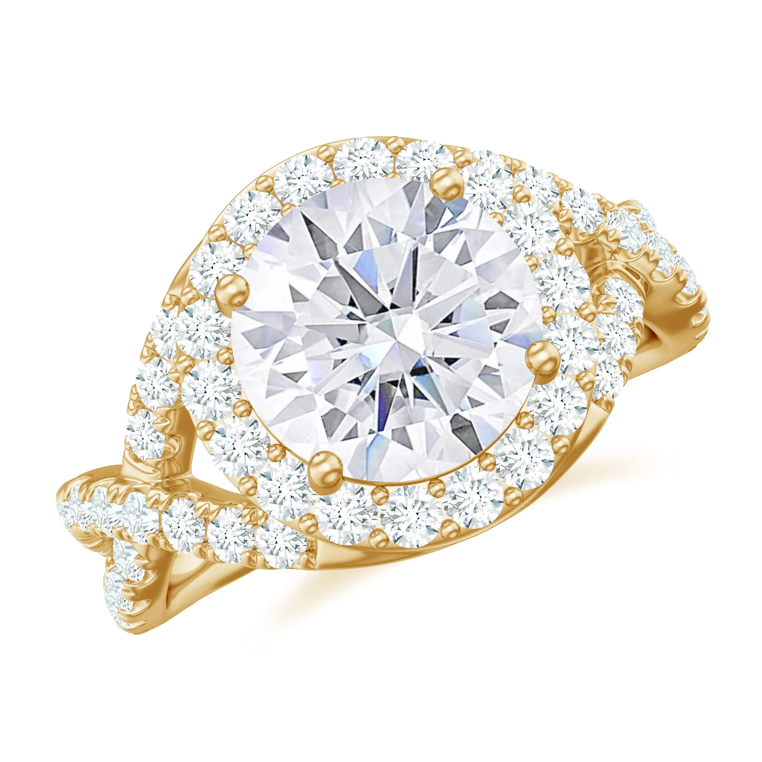 Round Shape Zircon Crossover Engagement Ring in Gold