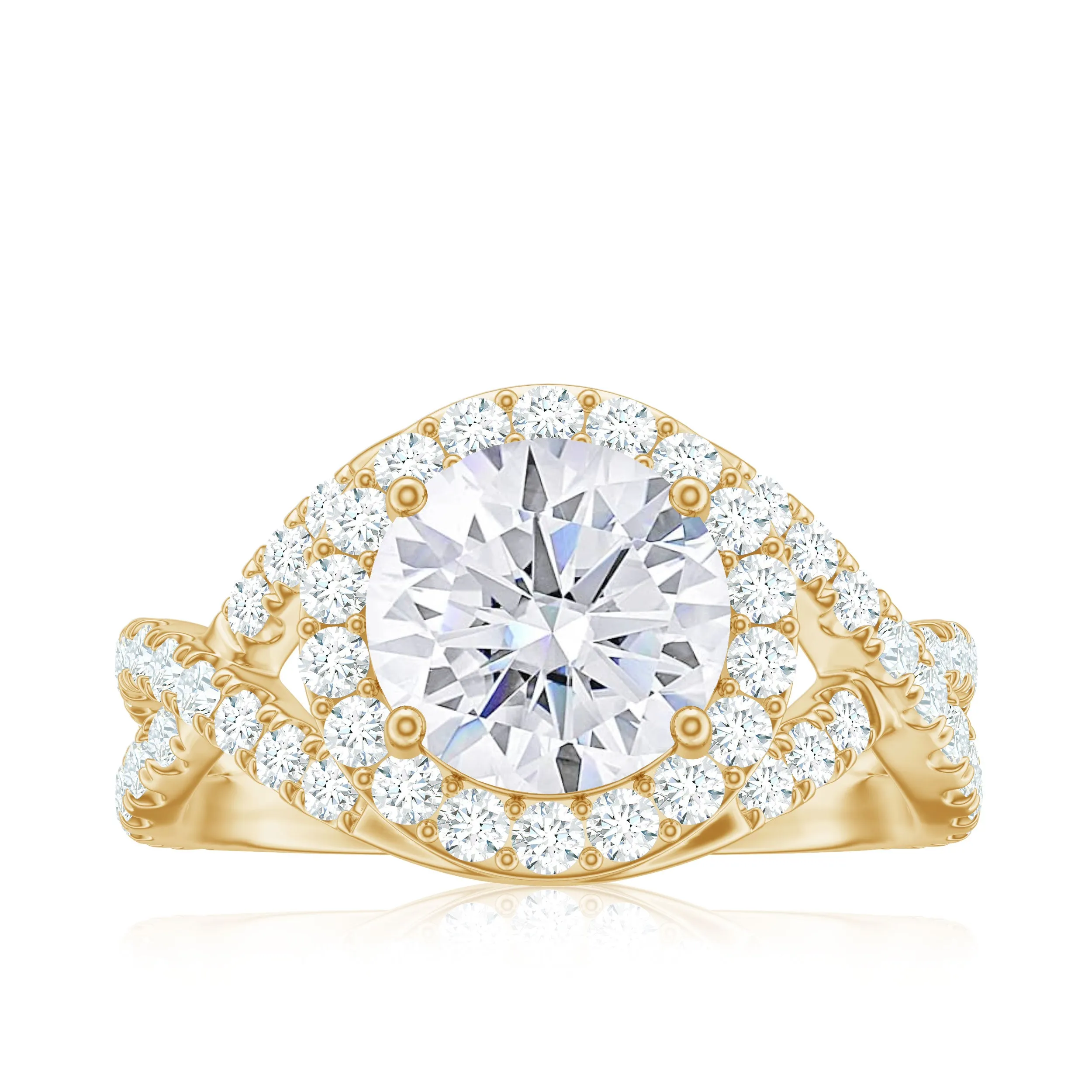 Round Shape Zircon Crossover Engagement Ring in Gold