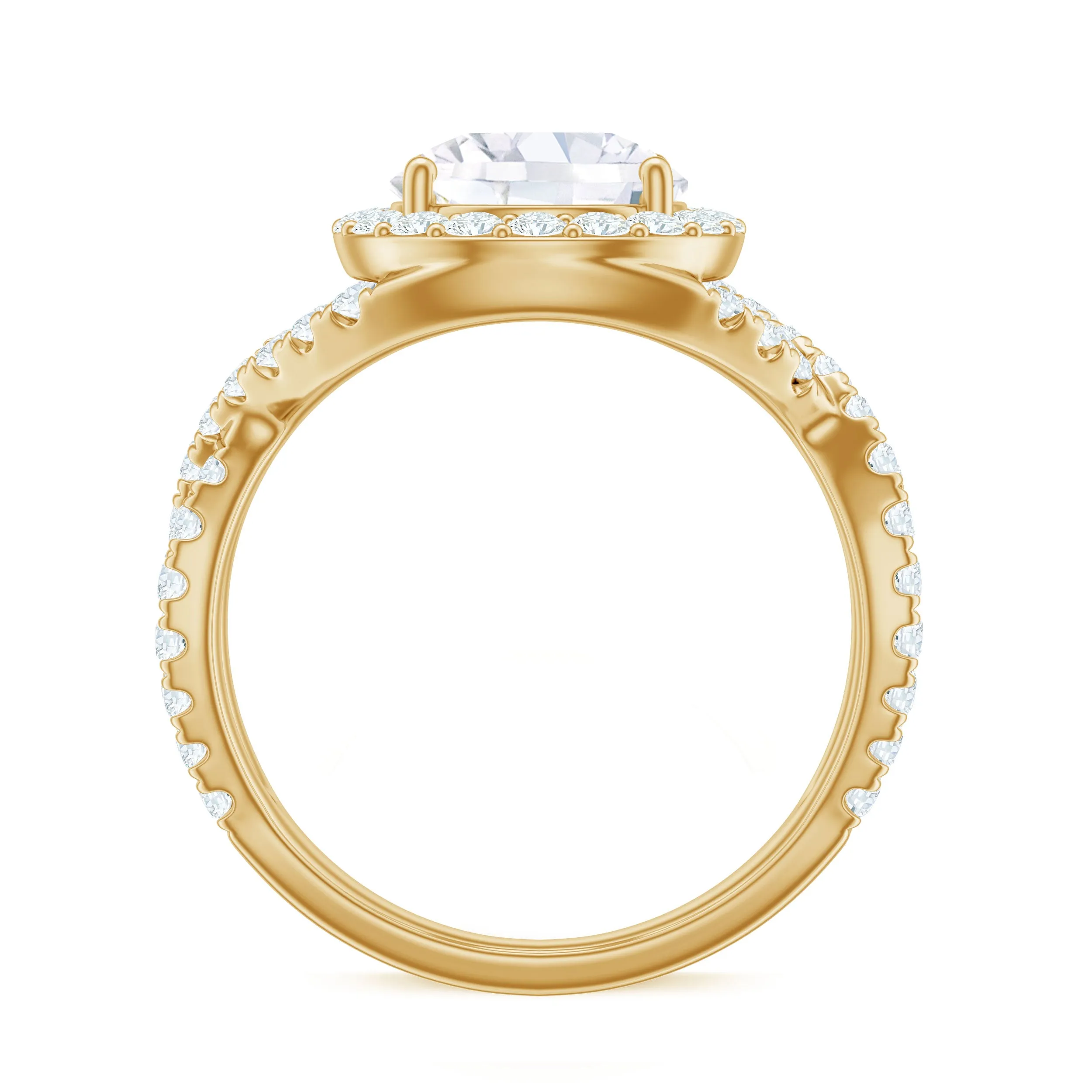 Round Shape Zircon Crossover Engagement Ring in Gold