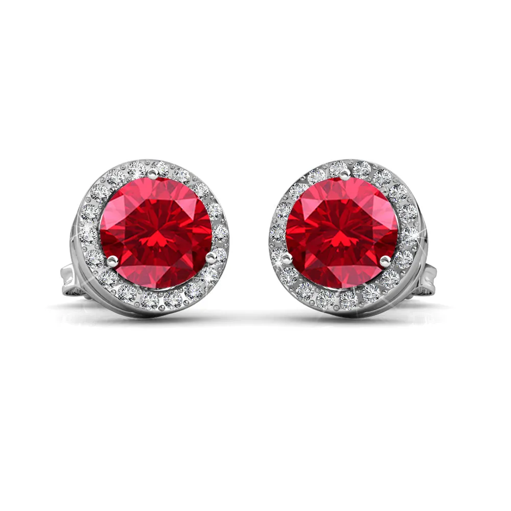 Royal July Birthstone Ruby Earrings, 18k White Gold Plated Silver Halo Earrings with Round Cut Crystals