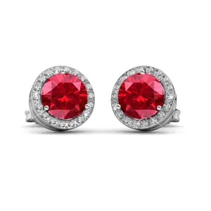 Royal July Birthstone Ruby Earrings, 18k White Gold Plated Silver Halo Earrings with Round Cut Crystals