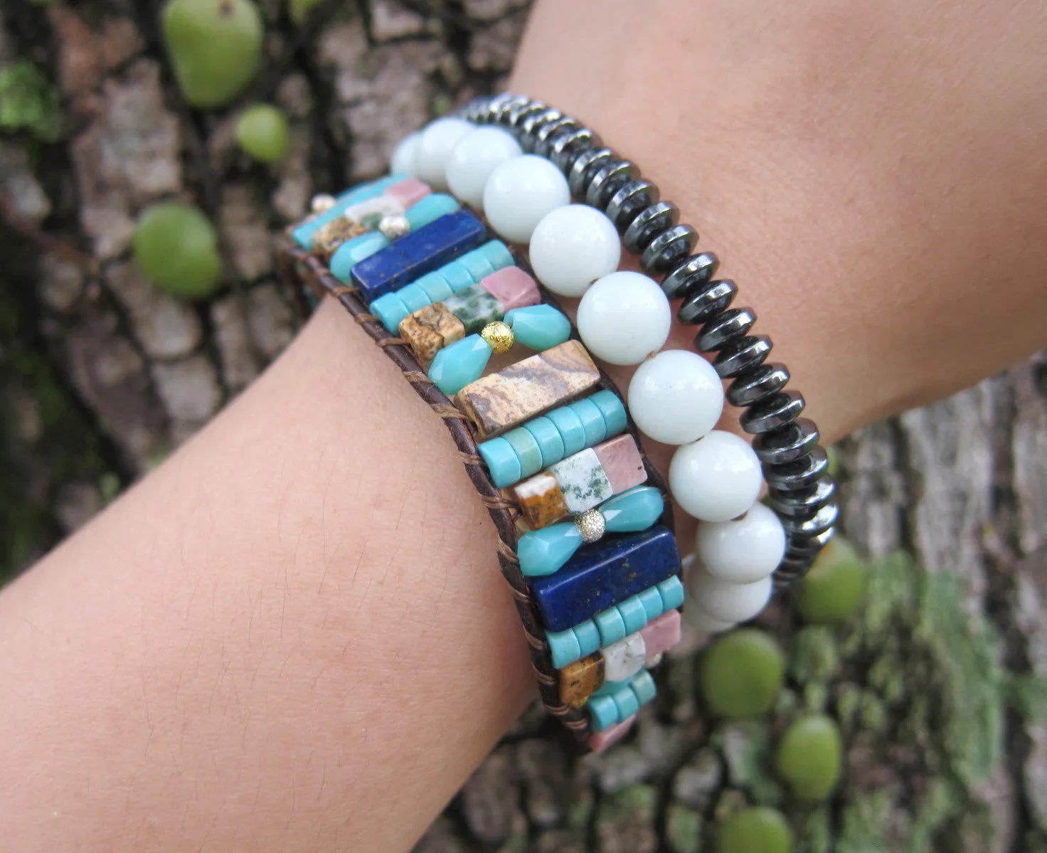 SALE - Turquoise Blue Semi Precious Stones Mix Cuff Leather Bracelet