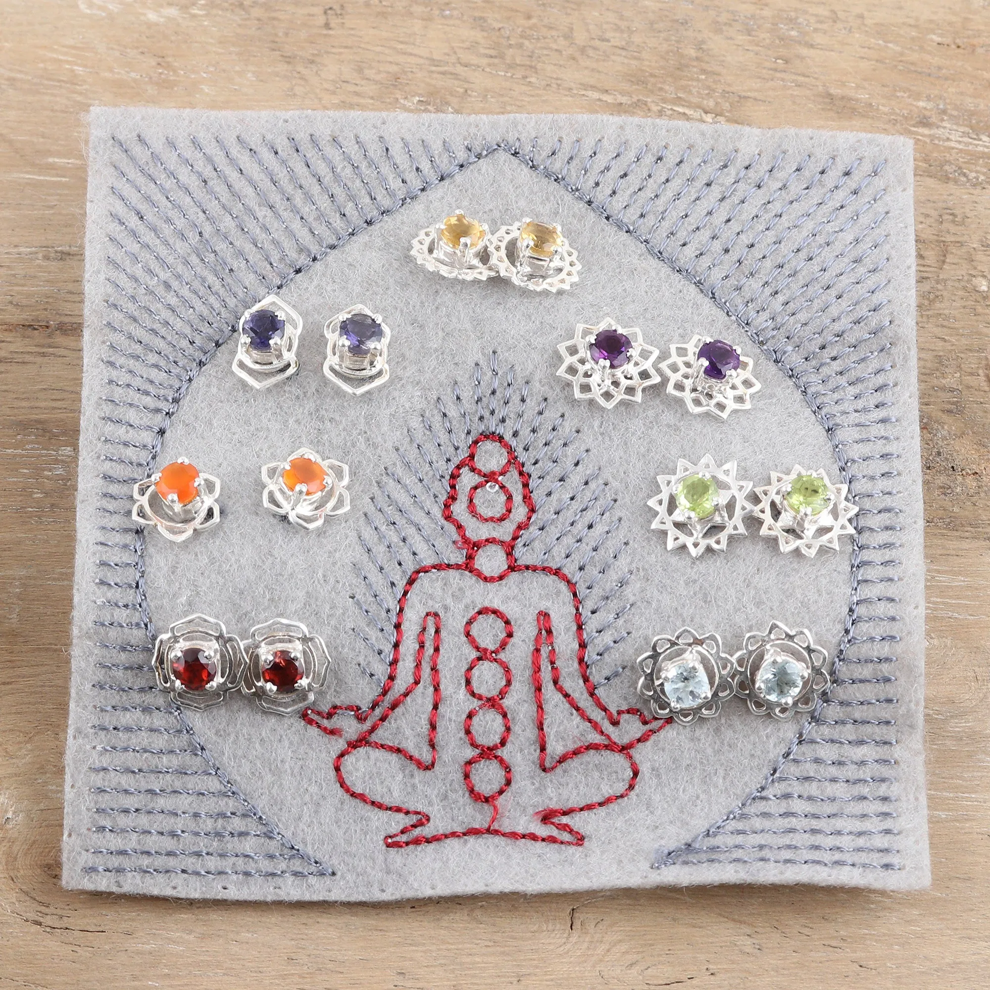 Set of 7 Gemstone and Sterling Silver Stud Earrings - One for All | NOVICA