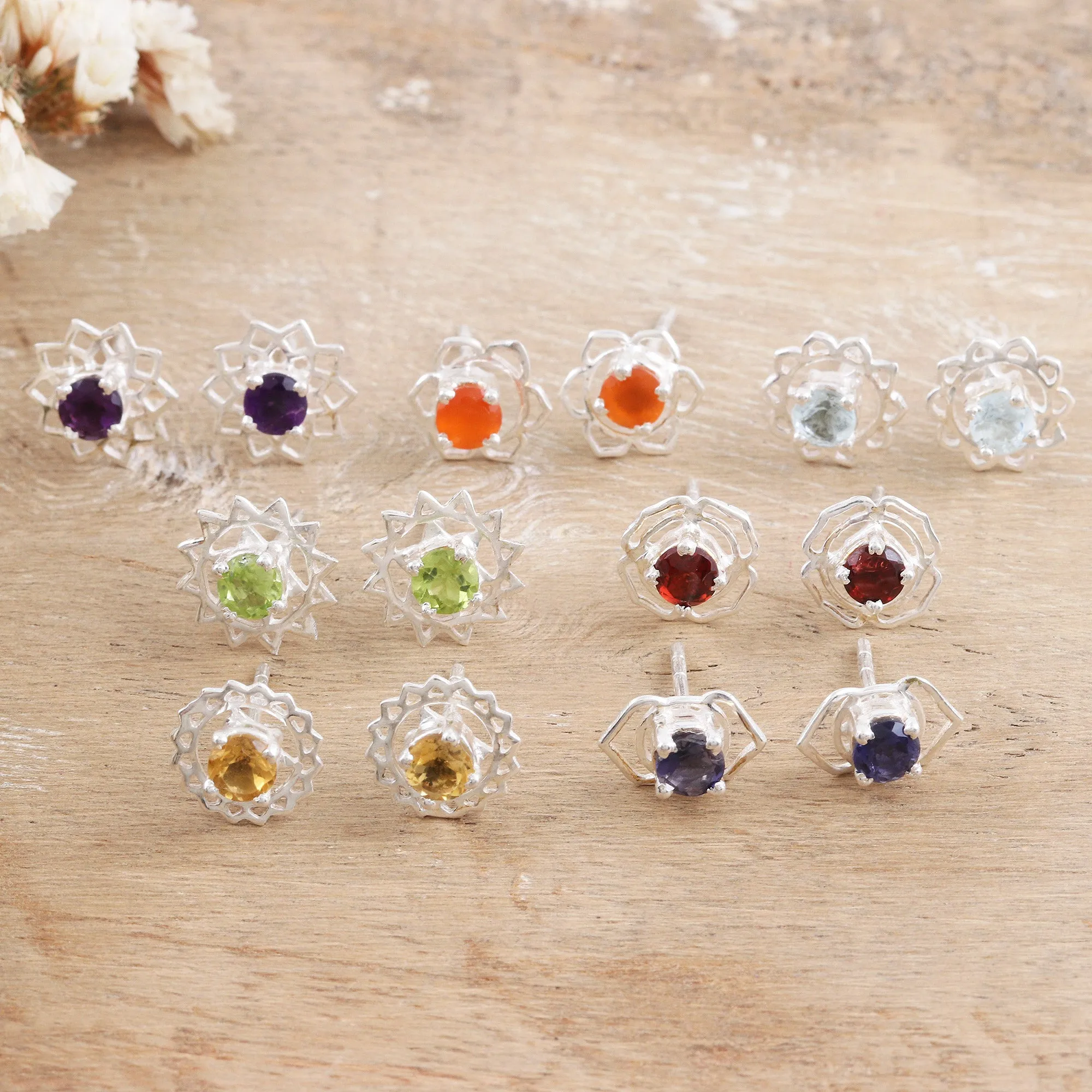 Set of 7 Gemstone and Sterling Silver Stud Earrings - One for All | NOVICA