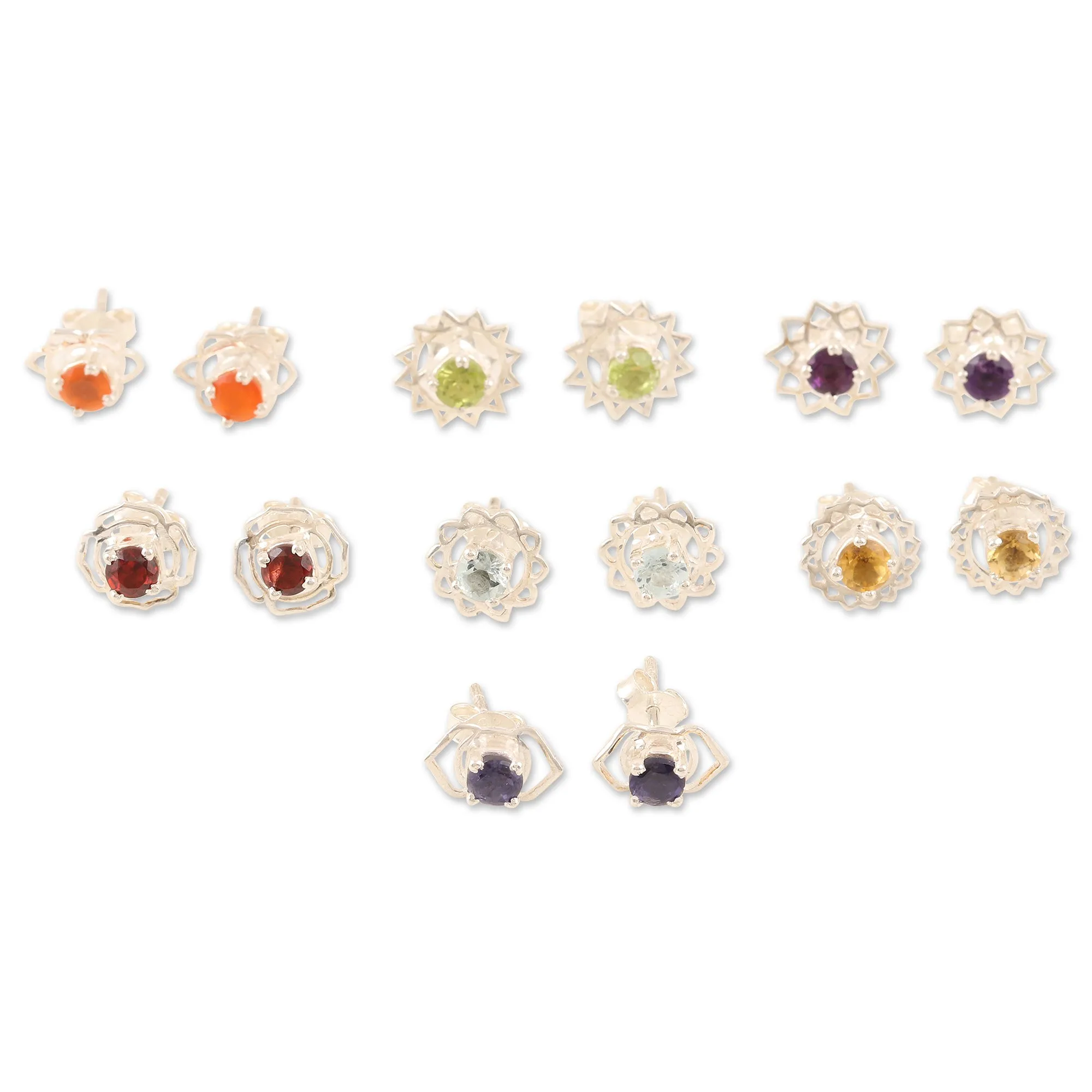 Set of 7 Gemstone and Sterling Silver Stud Earrings - One for All | NOVICA