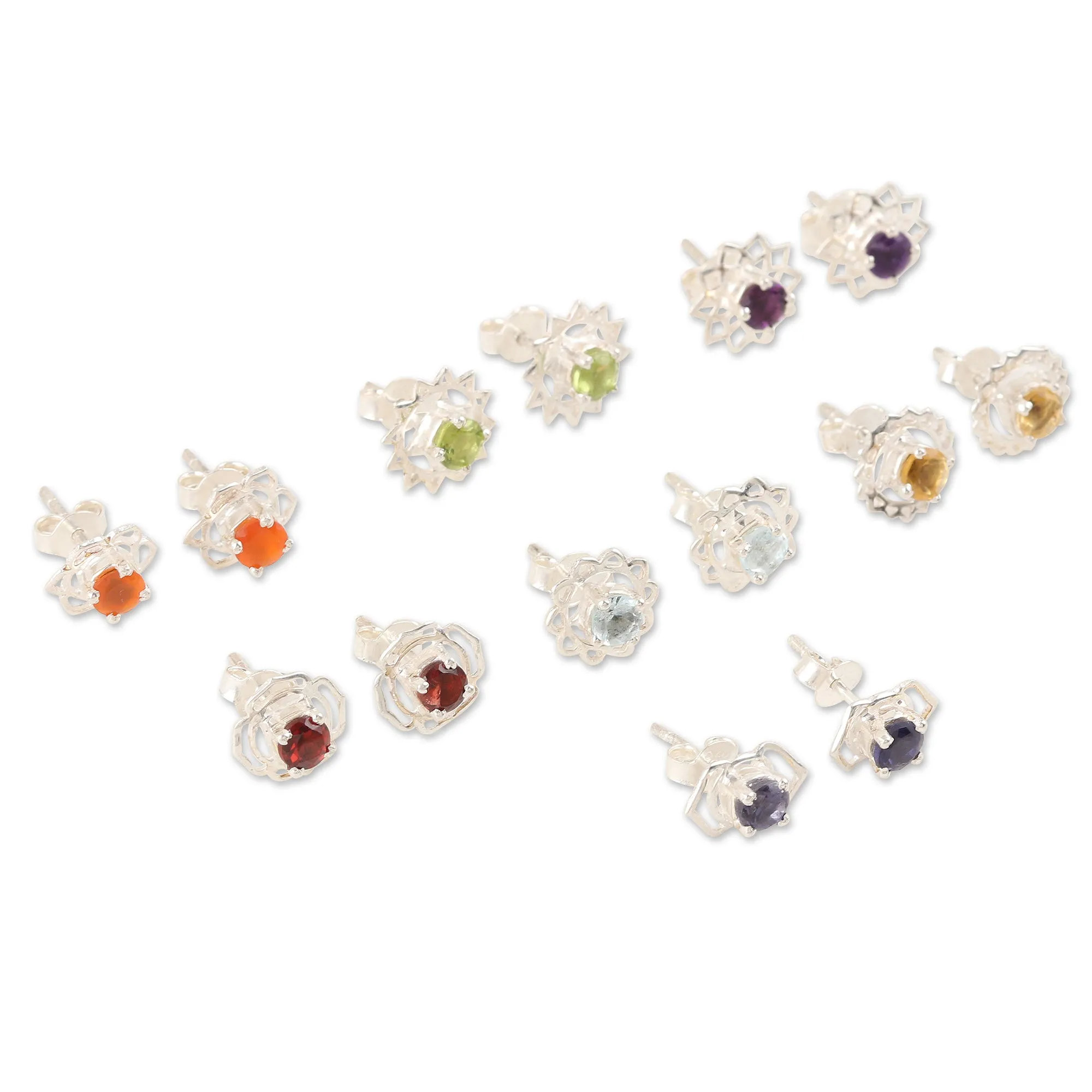 Set of 7 Gemstone and Sterling Silver Stud Earrings - One for All | NOVICA