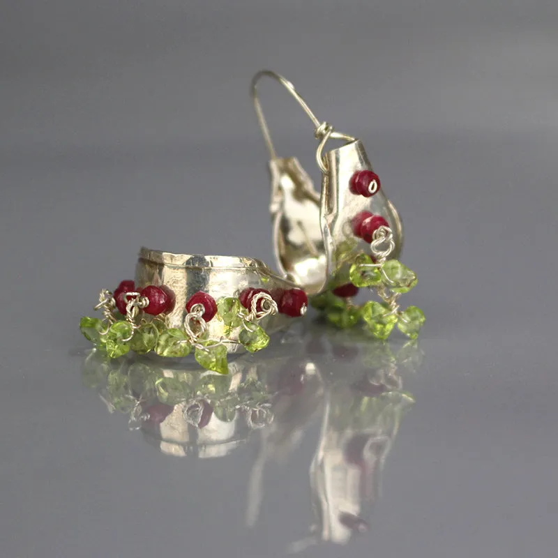 Silver Peridot Ruby Hoop Earrings