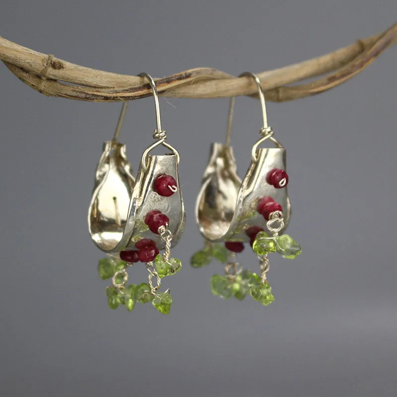 Silver Peridot Ruby Hoop Earrings