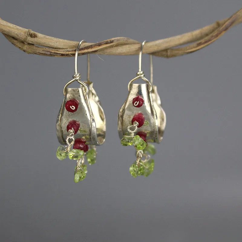 Silver Peridot Ruby Hoop Earrings