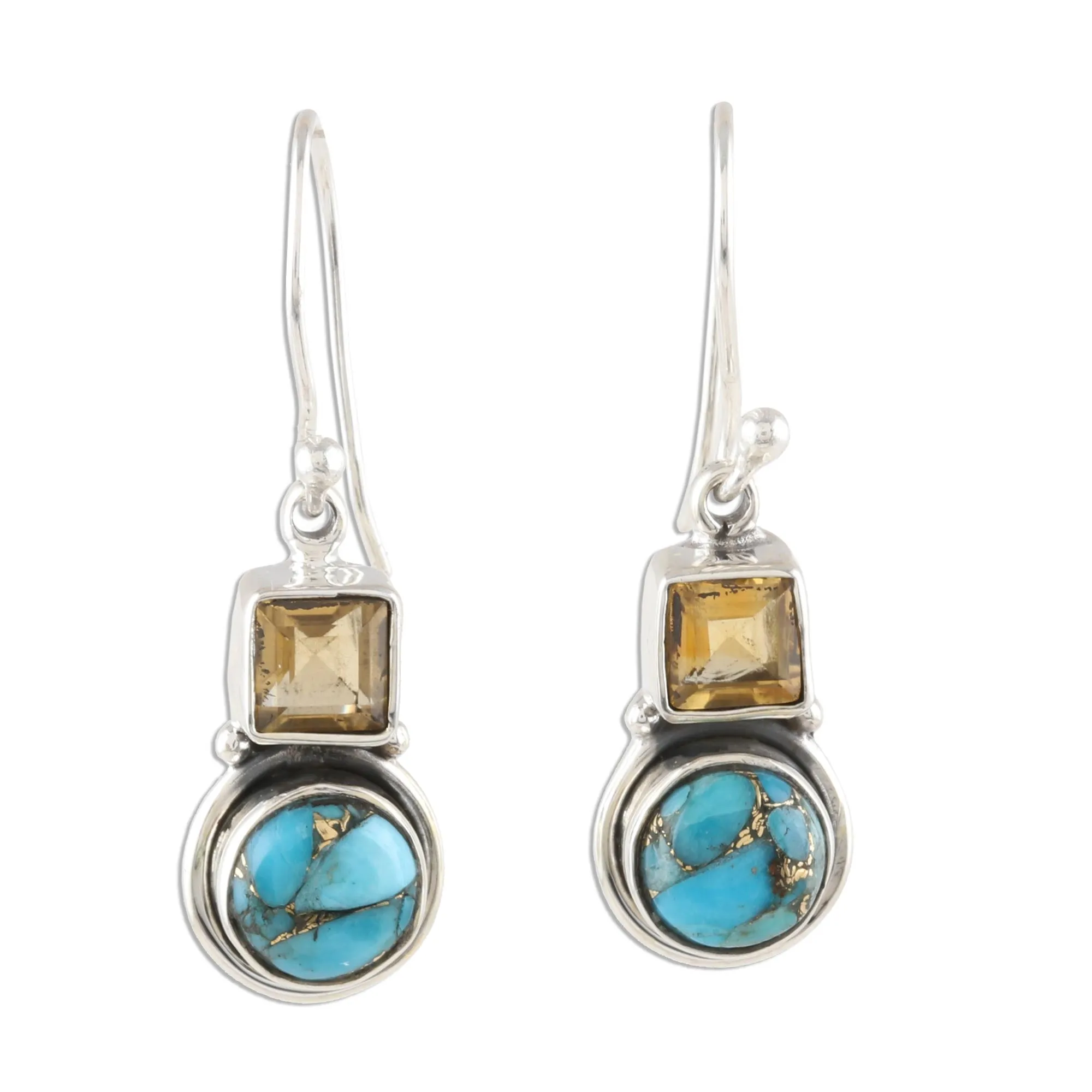 Square Citrine and Composite Turquoise Dangle Earrings - Glittering Combo | NOVICA