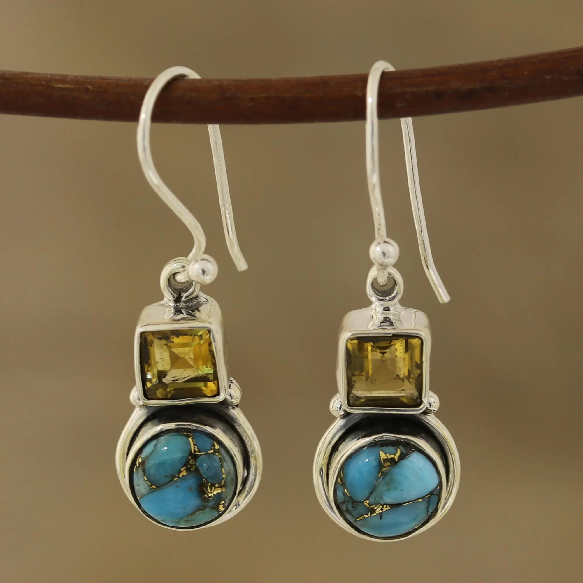 Square Citrine and Composite Turquoise Dangle Earrings - Glittering Combo | NOVICA