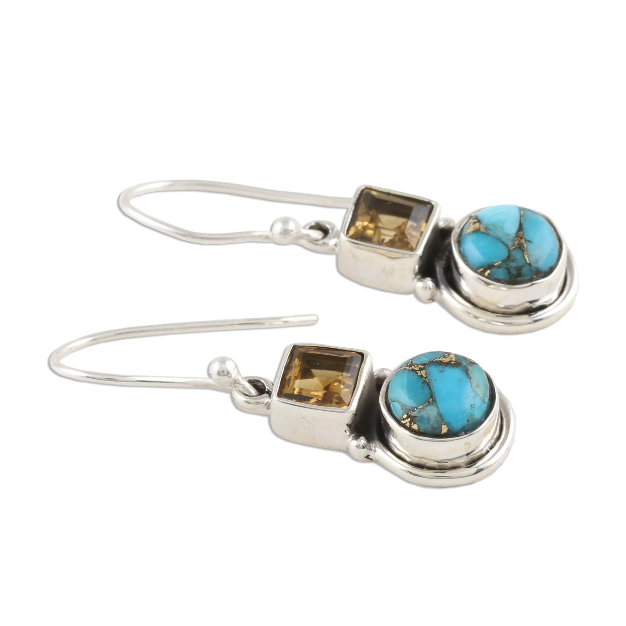 Square Citrine and Composite Turquoise Dangle Earrings - Glittering Combo | NOVICA