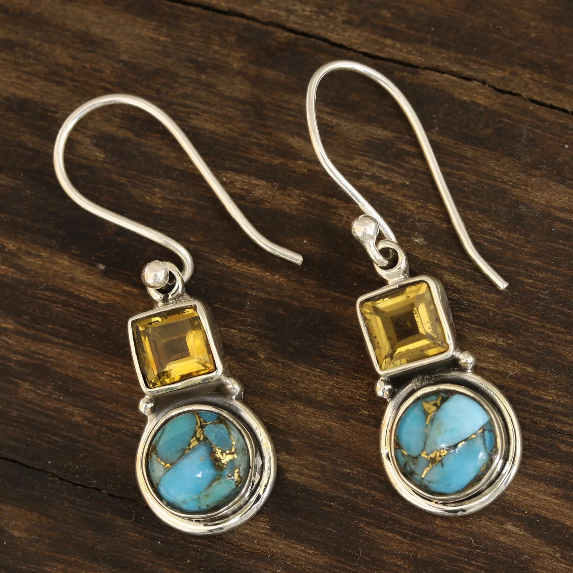 Square Citrine and Composite Turquoise Dangle Earrings - Glittering Combo | NOVICA