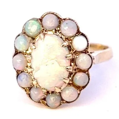 Stunning Vintage 9ct Yellow Gold 13-Stone Opal Cluster Ring