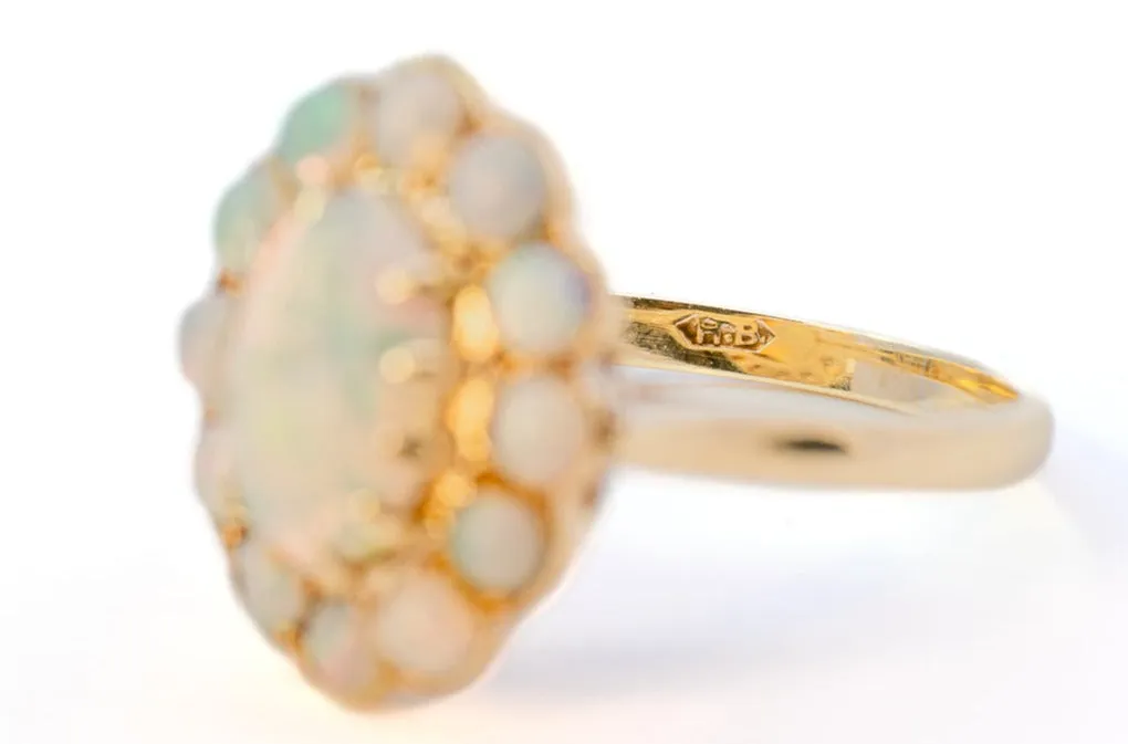 Stunning Vintage 9ct Yellow Gold 13-Stone Opal Cluster Ring