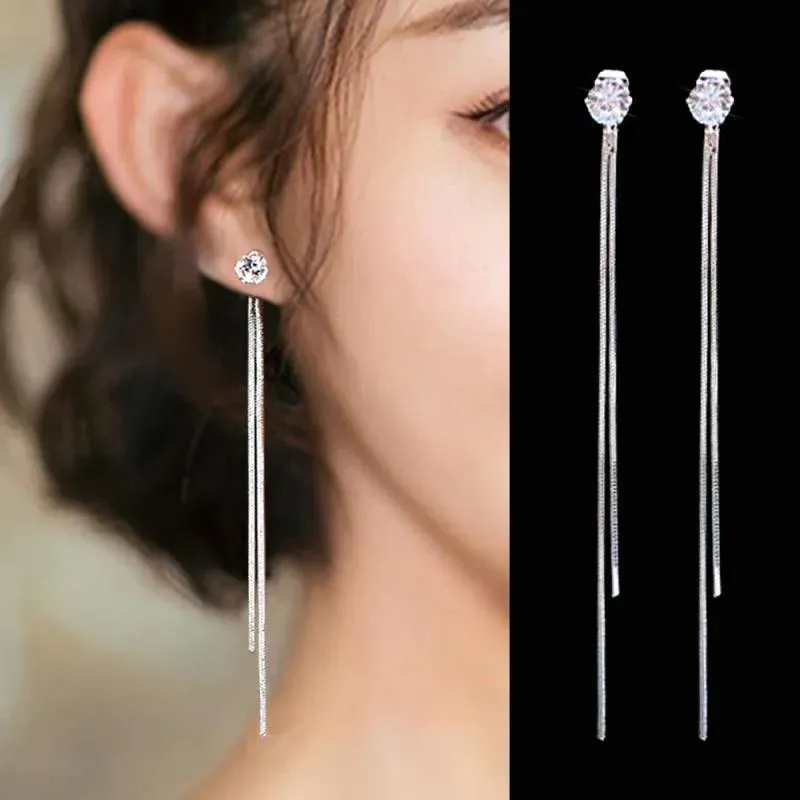 Super Fairy Lady Earrings Long Version Tassel Earrings Simple Personality Fashion Zircon Earrings Long Ear Cord