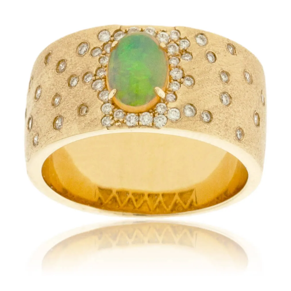 Yellow Gold Satin Finish Flush Set Diamond & Opal Cabochon Ring